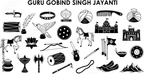 Guru Gobind Singh Jayanti Celebration: Black and White Vector Icons of Sikh Religious and Cultural Symbols with Traditional Elements
