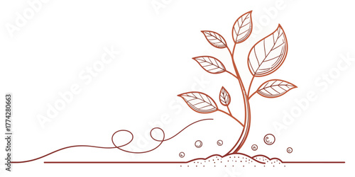 Vector illustration of a plant with leaves sprouting from the ground with a swirling line design element