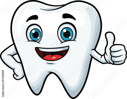 Happy cartoon tooth character smiling with blue eyes and showing thumbs up for dental care, cad drawing flat vector illustration