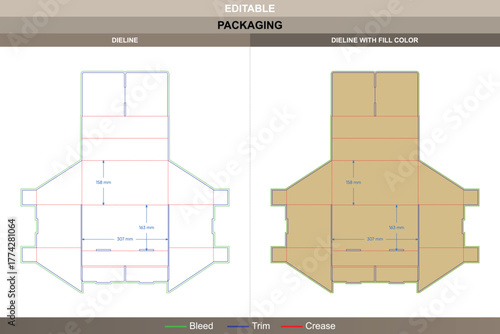 Cardboard display box with divider dieline developed by skilled vector drawing achieving clear printing and stable packaging design die line partition divides each product slot