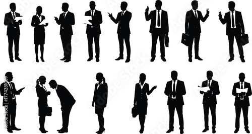 Silhouette illustration of business people talking, discussing, and presenting in different poses, corporate communication vector collection for teamwork, leadership, office, and management.