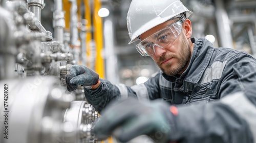 Skilled Worker in Safety Gear Adjusting Equipment in Modern Industrial Facility