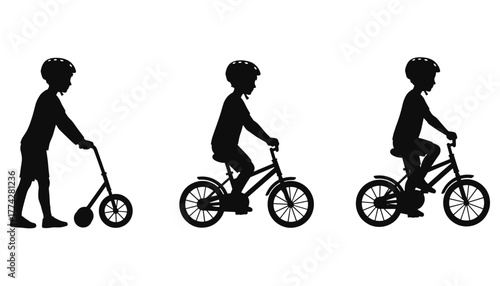 Silhouette illustration of child learning to ride bicycle with helmet, showing progress from walking balance bike to pedaling, vector design for cycling education.