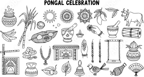 Hand-drawn doodle set of traditional symbols and elements for Pongal celebration, an Indian harvest festival, featuring sugarcane, rice pot, sun, cow, and cultural decorations.