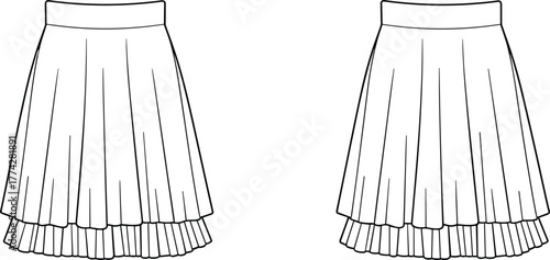 Front and back technical sketch of pleated skirts, layered hem design, waistband detail, fashion flat drawing, garment construction, apparel illustration