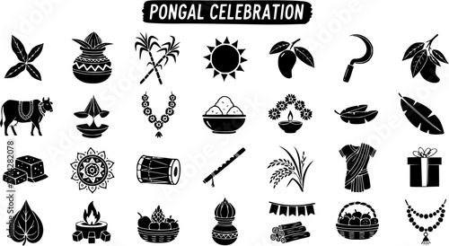 Pongal Celebration Vector Icons Set. Traditional Indian Harvest Festival Symbols. Tamil Culture Doodle Graphics Collection with Holiday Elements.