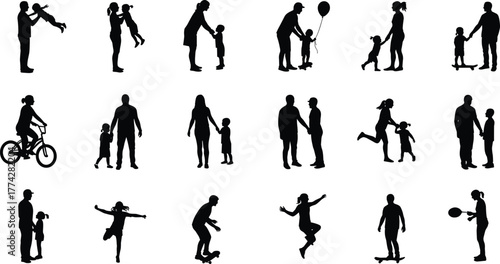 Silhouette illustration of parents and children spending quality time together, playing, walking, and bonding, family relationship vector showing love, care, and happiness moments.