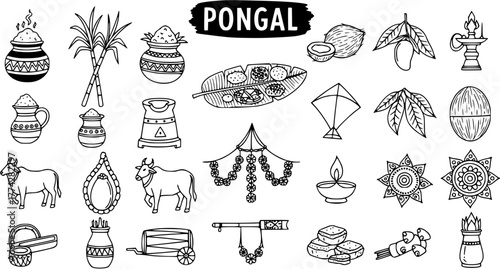 Hand-drawn Pongal festival icons collection: traditional food, animals, decorations, and cultural symbols.