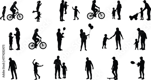 Silhouette illustration of parents and children spending quality time together, walking, cycling, playing, and bonding in outdoor family activities, happy parenting vector design.