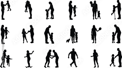 Silhouette illustration of parents playing and interacting with children, family bonding vector collection showing love, care, parenting, childhood, and happiness moments.