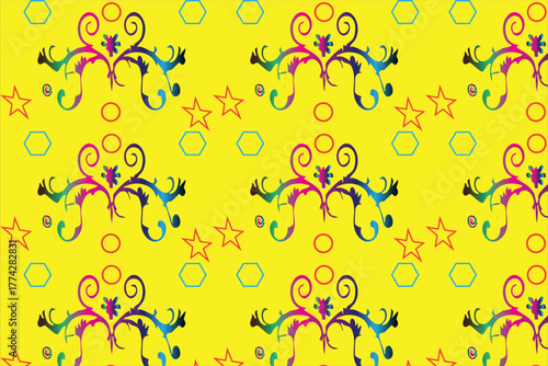 Vibrant Neon Pop Art Seamless Pattern with Ornamental Scrolls and Geometric Shapes