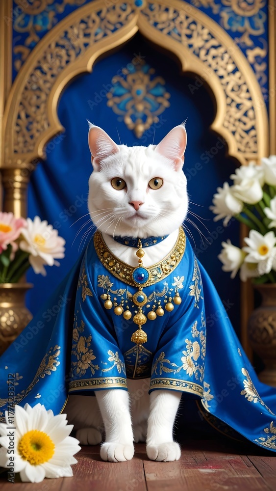 Fototapeta premium Cat in royal blue cape with gold jewelry, elegant