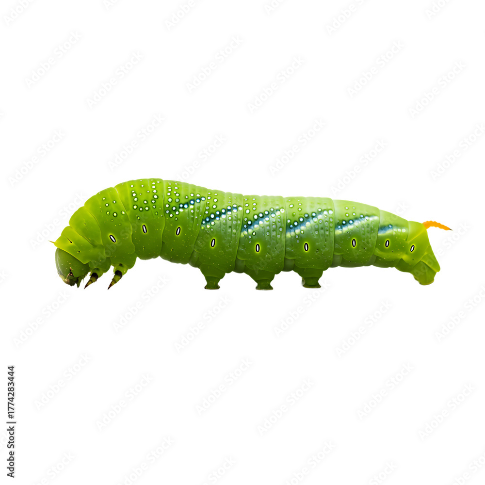 Naklejka premium Green caterpillar with white spots and orange horn on transparent background isolated insect side view