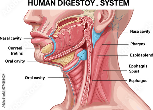 Human digestive system anatomy labeled side view diagram showing mouth, nasal cavity and throat structure, medical education cad drawing flat vector illustration