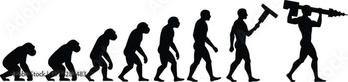 Silhouette illustration showing human evolution from ape to modern man with technology tools, concept of progress, development, science, and innovation, vector art
