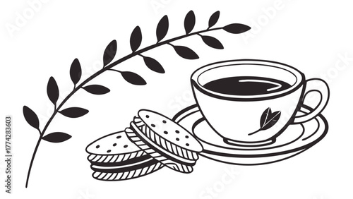 A monochrome illustration of a cup of tea with a leaf, two cookies, and a leafy branch design element