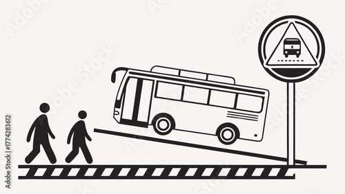 Two people walking near a bus on a road with a bus stop sign indicating bus route ahead clearly visible