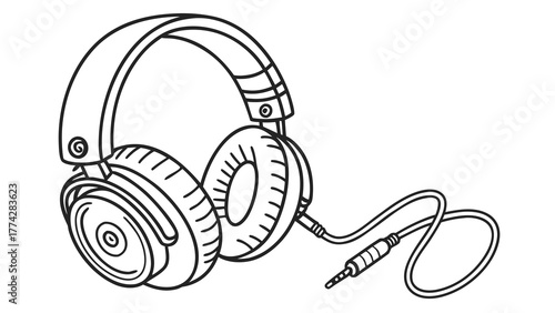Illustration of over ear headphones with a cable and jack in black and white outline style drawing