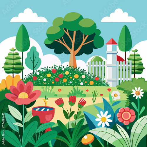 Vibrant garden scene with flowers trees and a white picket fence silhouette isolated on white background
