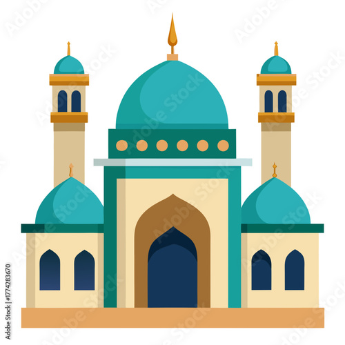 Stylized islamic mosque building with domes and minarets silhouette isolated on white background