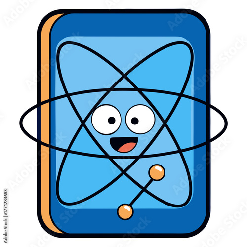Happy cartoon atom with orbiting electrons silhouette isolated on white background
