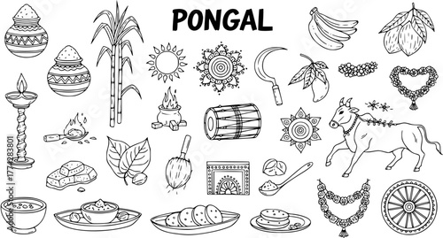 Hand-drawn Pongal Festival Doodle Set: Traditional South Indian Harvest Celebration Symbols and Elements