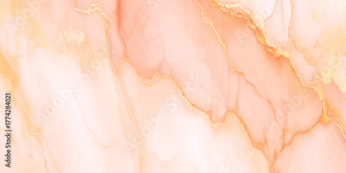 Digital marble texture featuring a luxurious blend of soft, creamy peach and vibrant, warm orange delicate, shimmering gold metallic veins.