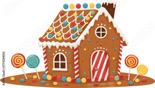 Cute gingerbread house with colorful candies and icing, festive Christmas dessert holiday decoration, candy design art, cad drawing flat vector illustration