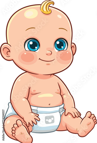 Cute baby sitting in diaper with smiling face and blue eyes, adorable newborn character art, cad drawing flat vector illustration