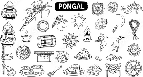 Black and white line art doodle collection of traditional elements and symbols for Pongal, a Hindu harvest festival, including food, decor, and cultural items.