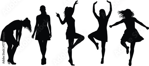 Silhouette of dancing women in different poses, joyful female figures expressing happiness, freedom, energy, and movement, isolated on white background, vector illustration