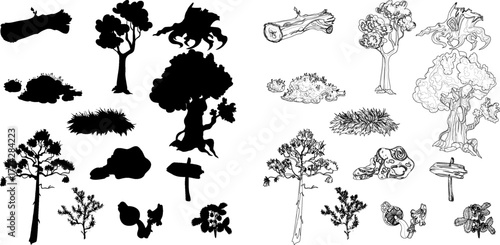 A collection of forest and woodland elements shown as both black silhouettes and detailed line art drawings.