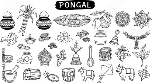 Pongal Festival Line Art Elements Set: Traditional Indian Harvest Celebration Icons, Hand-Drawn Doodle Vector Illustrations for Cultural Design