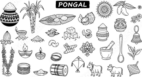 Hand-drawn Pongal Festival elements set. Traditional Indian harvest festival doodle illustrations including sugarcane, pots, diya lamps, cows, kites, spices, and cultural items.