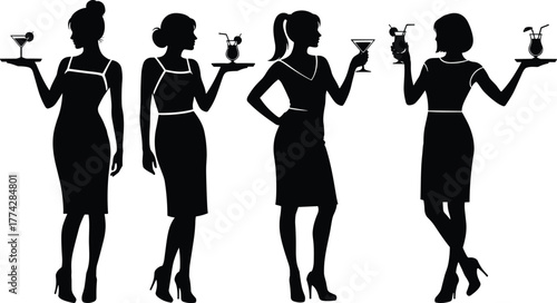 Silhouette of elegant women holding cocktails, stylish female figures in dresses with drinks, fashion models, party girls, waitress pose vector illustration, black outline