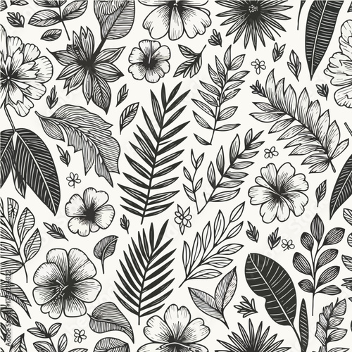 topical floral doodle handraw black and white color