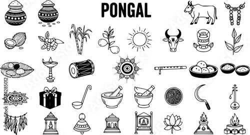 Hand-drawn Pongal Festival Icons and Symbols Set: Traditional Indian Celebration Elements in Doodle Style