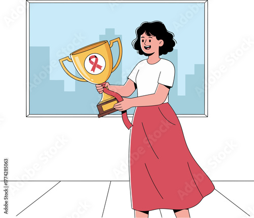 Celebrating Achievements with a Woman Holding a Trophy Featuring a Red Ribbon