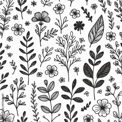 topical floral doodle handraw black and white color