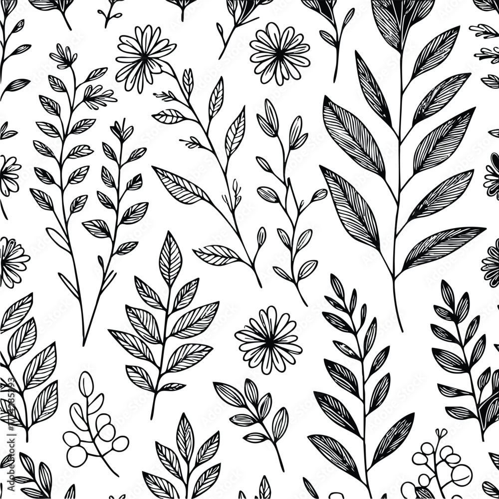 Fototapeta premium topical floral doodle handraw black and white color