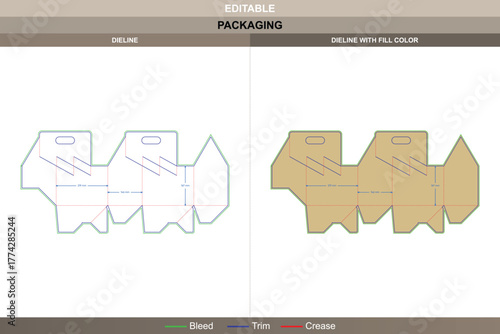 Six pack box carrier dieline drawn by technical vector structure enhancing printing flow and packaging grip defined die line joints form handle shape and beverage balance