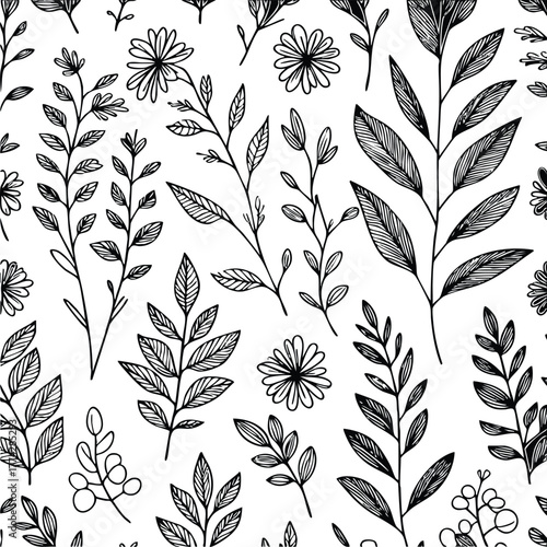 topical floral doodle handraw black and white color