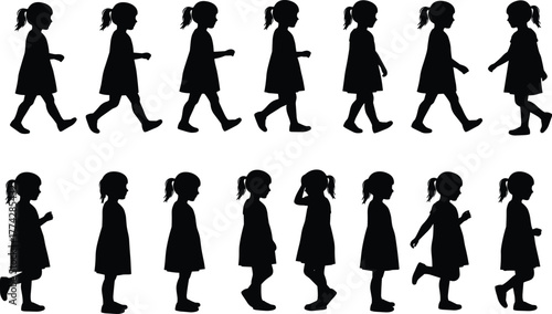 Silhouette of little girls walking and standing in different poses, cute child figures showing movement and emotion, isolated on white background vector illustration