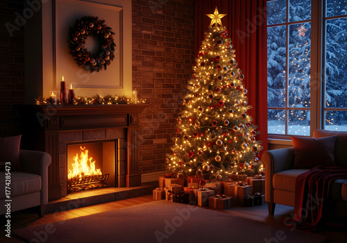 Wallpaper Mural Cozy Christmas living room with fireplace and decorated tree. Torontodigital.ca