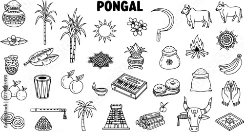 Pongal Festival Traditional Elements Set: Hand-drawn Line Art Illustrations of Harvest Decorations, Food, Animals, and Cultural Symbols