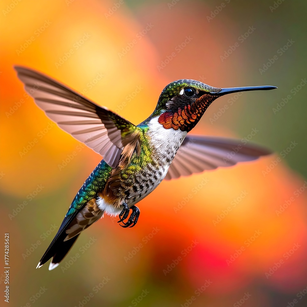 Fototapeta premium Flying hummingbird, bright backdrop