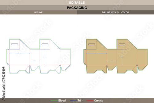 Two pack carrier display box with handle dieline drawn by detailed vector setup improving printing alignment and packaging safety die line design defines double slot structure
