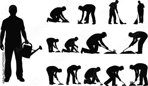 Silhouette of man gardening, digging soil, watering plants, cleaning ground, using rake and shovel, vector illustration showing agricultural and outdoor work activity