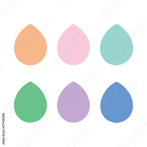 Six pastel colored makeup sponges on white background Keywords: makeup sponge, beauty blender
