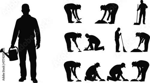 Silhouette of man gardening, planting, watering, digging, and cleaning with tools, vector illustration showing various garden work poses, agriculture and farming concept